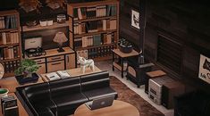 an overhead view of a living room with furniture and bookshelves in the background