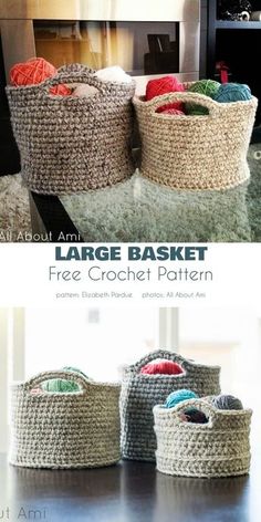 two baskets with balls of yarn in them