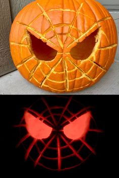 two pumpkins that have been carved to look like spider - man's eyes