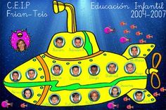 an image of a yellow submarine with people in the bottom row and other pictures below