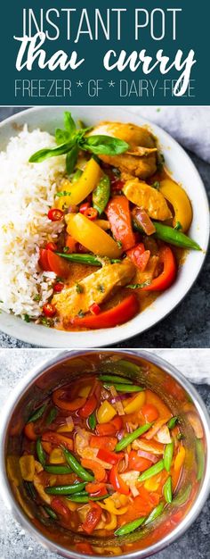 two plates filled with different types of food on top of each other and the words instant pot thai curry freeze off dairy