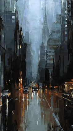 an oil painting of a city street at night