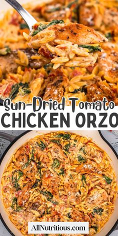 this is an image of sun dried tomato chicken orzoni casserole with spinach