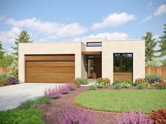 a rendering of a modern home with landscaping and flowers in front of the garage door