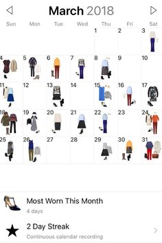 an iphone calendar with clothes on it and the date for each month, which is marked in