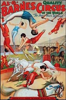 an advertisement for the circus shows women on horses and men in red, white and blue