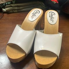 These Are In Great Condition. Size 8/39. White Leather. White Slip-on Heels With Wooden Heel, Chic White High Heel Clogs, Chic White Open Toe Clogs, Casual White Heels With Wooden Heel, White Slip-on Heels With Stacked Heel, White Closed Toe Heels With Wooden Heel, Candies Shoes, Leather Heels, White Leather