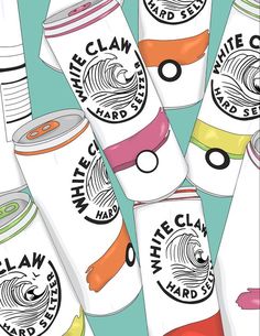 several cans of white claw are lined up together on a blue background with pink, yellow, and green stripes