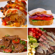 four different pictures of food including meat, vegetables and bread