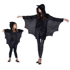 Kids Black Bat Costume Includes Jumpsuit with Attached Hood and Wings The black bat costume is a jumpsuit with an attached hood and wings. The set is an easy and comfortable costume that you can not let up. With the matching kids and adults sizes, you and your little one can match this Halloween in these adorable bat costumes. The black velour romper closes features a zippered front for easy on and off. Wings are attached from the back and down the sleeves for the cool bat look. The attached hoo Bat Costume Kids, Kids Bat Costume, Bat Costumes, Diy Girls Costumes, Bat Ears, Indian Dress Up, Bat Costume, Cape Costume, Zombie Girl