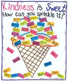 an ice cream cone with sticky notes on it that says, kindness is sweet how can you sprinkle it?