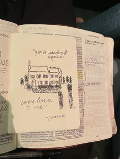 an open book with handwritten notes on the pages and in front of it is a drawing of a house