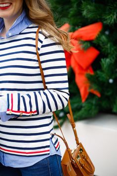 j-crew-striped-shirt-with-navy-and-red-trim-with-sophie-hulme-box-bag J Crew Cocoon Coat, Lipstick Design, Lipstick Designs, Pretty Blue Eyes, Striped Shirt Women, Sophie Hulme, Cocoon Coat