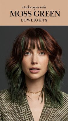 Add an earthy, bold twist to your dark copper hair with moss green lowlights for a unique, sophisticated look. Visit our page for tips on achieving this striking color combination. Save this pin for lowlight inspiration! #DarkCopperMossGreenLowlights #HairColor #EarthyLook Green Hair For Brunettes, Emerald Green Underdye Hair, Color Block Green Hair, Office Friendly Hair Color, Moss Green Hair Color, Green And Brunette Hair, Pop Of Color In Brown Hair, Brunette And Green Hair, Earthy Green Hair