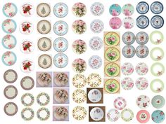 various plates and dishes are arranged in rows on a white background, including one with pink flowers