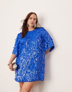 ASOS EDITION Curve embellished 3D sequin t-shirt mini dress in blue | ASOS Sequin T Shirt Dress, Blue Sequin Dress, Color Season, Blue Sparkle, Blue Sparkles, Mini Shirt Dress, Dress Plus Size, Embellished Dress, Dress Details