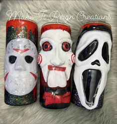 three halloween masks are sitting next to each other on a fur surface with the words make it design creations