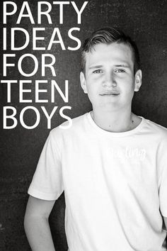 a young man standing in front of a blackboard with the words party ideas for teen boys