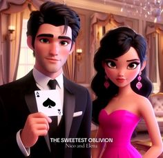 an animated image of a man and woman in formal wear holding playing cards with the caption, the sweetest obvious