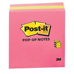 pink post - it notes with yellow striping on the front and bottom, 3x5