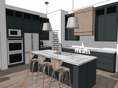 an image of a kitchen setting with stools in the center and island countertop