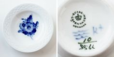 two bowls with blue and white designs on them, one has a flower in the middle