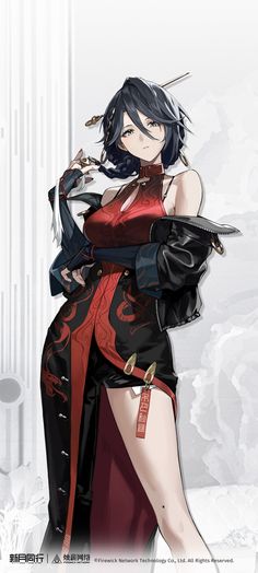 an anime character with black hair and red dress, holding two swords in her hand