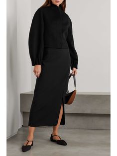 FFORME Sabreen wool-blend gabardine midi skirt Luxury Pencil Skirt For Workwear, Black Pencil Skirt Outfits, Long Pencil Skirt Outfits, Black Pencil Skirt Outfit, Long Black Pencil Skirt, Pencil Skirt Outfit, Designer Skirt, Printed Blouses, Glamorous Fashion