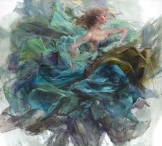 an abstract painting of a woman in blue and green dress with her hair flying through the air