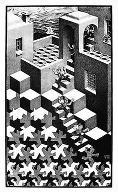 an old black and white drawing of people walking through a maze with buildings in the background