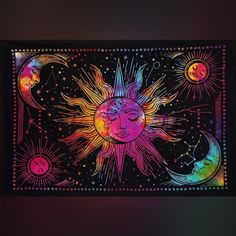 This Beautiful New Rainbow Colors On Black Celestial Tapestry Is Perfect For A Dorm Room Or Anywhere You Want To Add Some Color. Can Be Adjusted With Some Clip Rings To Use As A Small Curtain To Cover A Section Of Shelving , A Small Tablecloth, Or Just As An Alternative To A Paper Poster. 40" X 30" Approximately Sewn Edges Cotton Hand Wash In Cold Water Hippie Boho Style Made In India With Traditional Indian Methods Nwt Bundle For The Best Deal New To Poshmark? Use My Referral Code Kattakitty An Mountain Lodge Decor, Woven Tapestry Art, Small Tablecloth, Celestial Tapestry, Tree Of Life Tapestry, Blacklight Tapestry, The Lovers Tarot Card, Small Curtains, Bedroom Stuff