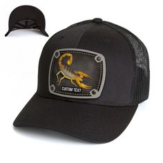 Scorpion Custom Hat Customizable Black Trucker Hat With Flat Bill, Black Trucker Hat With Letter Patch For Outdoor, Adjustable Black Trucker Hat With Custom Logo, Customizable Black Flat Bill Trucker Hat, Customizable Black 5-panel Hat, Novelty Black Flat Bill Baseball Cap, Black Trucker Hat With Leather Patch, Customizable Black Trucker Baseball Cap, Black Personalized Adjustable Trucker Hat