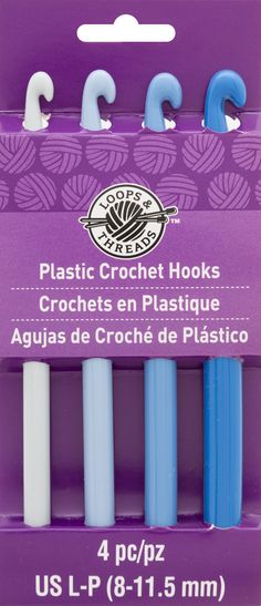 four blue and white crochet hooks in a purple package with the words plastic crochet hooks