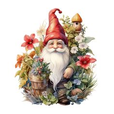 an image of a gnome with flowers and plants