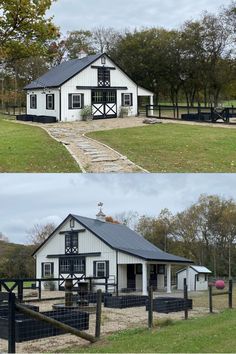 two pictures of a white barn with black roof