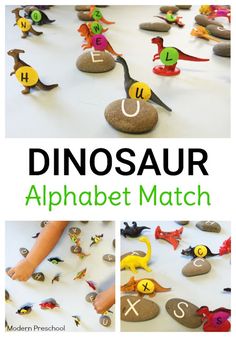 an alphabet match with rocks and dinosaurs