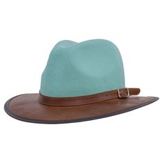 This hat is amazing...a leather and wool blend.  A cross between the old west, a classic dress hat and cool.  Ultra plush leather that ages into a worn heirloom.  Pure stylish wool blend and rugged leather create the perfect combo.  Oh..waterproof, packable AND inside adjustment for prefect sizing.  Love this hat and so do our customer..a big hit this year! Colors: BROWN which is really a Sage Loden Brown or BLUE: which is really a turquoise..think Sante Fe. Georgia Hat, American Hat Makers, American Hat, Outback Hat, Felt Crown, Womens Fedora, Rugged Leather, Fedora Hat Women, Jazz Club