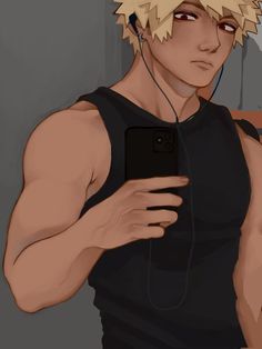 an anime character holding a cell phone with ear buds in his ears and wearing headphones