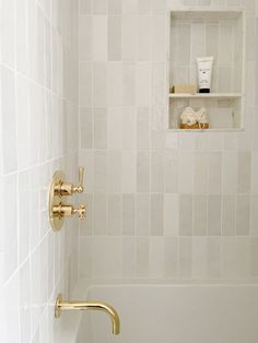 Cream bathroom Beach’s Bathroom, Modern Tile Wainscoting Bathroom, All White Master Bath, Bathroom Accent Wall Tile, Creamy Bathroom, Small Neutral Bathroom, White Bathroom Floor Tile, Modern Cottage Bathroom