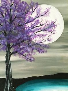 a painting of a purple tree in front of a full moon