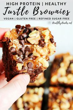 high protein healthy turtle brownies vegan gluten free friendly sugar free