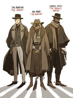 three men in coats and hats standing next to each other