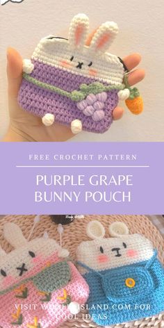 two crocheted bunny pouches are shown with the text, free crochet pattern