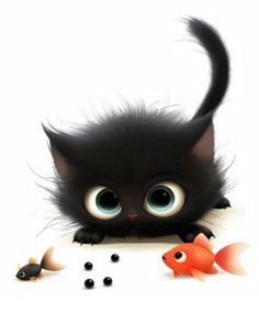 a black cat with big eyes looking at some fish