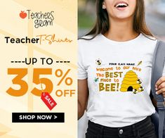 a woman wearing a t - shirt that says teacher is fun up to 35 % off