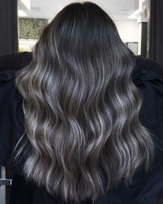 21 Stunning Examples of Balayage for Dark Hair (2021 Pics) Black Ashy Hair Balayage, Ash Blonde Highlights On Dark Hair Straight, Dark Brown With Grey Balayage, Full Head Balayage On Black Hair, Brunette Balayage Grey Blending, Brown Hair With Grey Balayage, Dark Brown Hair With Grey Balayage, Grey Balayage On Black Hair, Brown Hair With Ash Brown Highlights