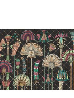 an art deco wallpaper with many different types of flowers and plants on black background