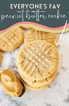 peanut butter cookies with text overlay that says everyone's fav peanut butter cookie