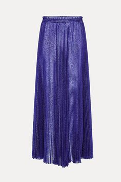 Full, floaty and wispy like a cloud: the skirt in jacquard tulle has been shot with glitter for a metallic sheen and features sharp pleats that usher in a metropolitan mood for modern vestal virgins. Rendered in a twilight palette that creates a vibrant aesthetic.Skirt made in Italy.60% polyester 40% metallised polyester. Blue Tulle Bottoms For Spring, Spring Blue Tulle Bottoms, Pleated Tulle Party Bottoms, Chic Metallic Flowy Skirt, Chic Flowy Metallic Skirt, Elegant Tulle Bottoms For Party, Shimmer Bottoms For Evening In Spring, Shimmer Bottoms For Spring Evening, Evening Glitter Skirt For Party Season