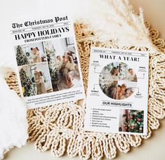 two magazine covers sitting on top of a doily next to a white furnishing